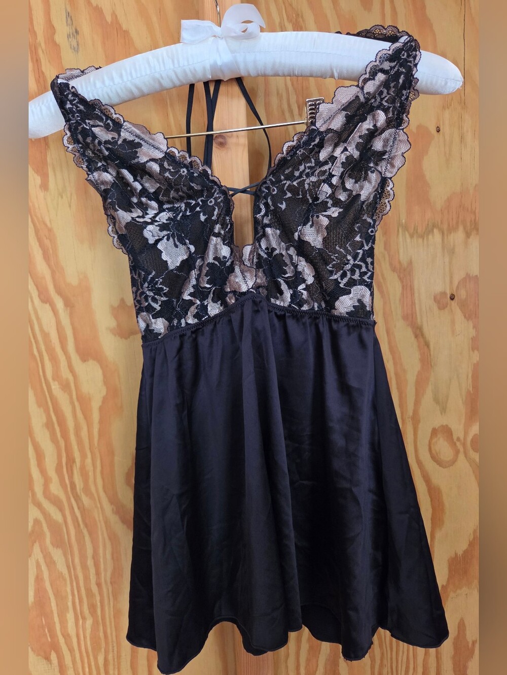 Auden Black Satin Chemise with Beige Floral Lace Bodice